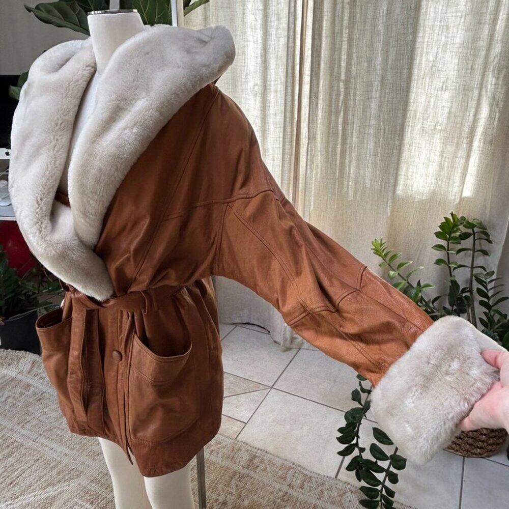 Penny Lane Shearling Trim Leather Coat Boho 70s Revival Oversized L Wilsons - Picture 7 of 16
